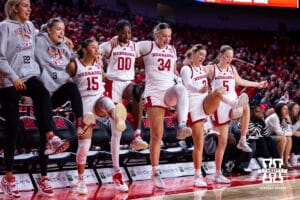 Nebraska Cornhuskers bench celebrates a three point shot against the California Baptist Lancers in the third quarter during a college basketball game on Sunday, Dec. 21, 2025, in Lincoln, Nebraska. Photo by John S. Peterson.