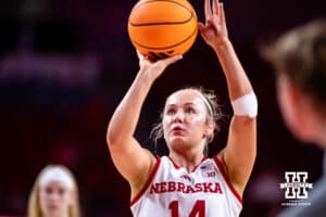 Nebraska Cornhusker guard Callin Hake (14) makes a free throw against the California Baptist Lancers in the second quarter during a college basketball game on Sunday, Dec. 21, 2025, in Lincoln, Nebraska. Photo by John S. Peterson.