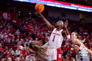 Nebraska Cornhusker guard Hailey Weaver (1) makes a lay against the California Baptist Lancers in the second quarter during a college basketball game on Sunday, Dec. 21, 2025, in Lincoln, Nebraska. Photo by John S. Peterson.