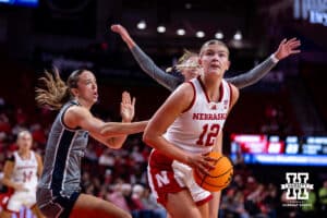 Nebraska Cornhusker forward Jessica Petrie (12) makes a lay up against the California Baptist Lancersin the second quarter during a college basketball game on Sunday, Dec. 21, 2025, in Lincoln, Nebraska. Photo by John S. Peterson.