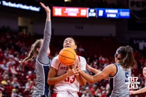 Nebraska Cornhusker guard Allison Weidner (3) fouled by California Baptist Lancer guard Filipa Barros (5) in the first quarter during a college basketball game on Sunday, Dec. 21, 2025, in Lincoln, Nebraska. Photo by John S. Peterson.