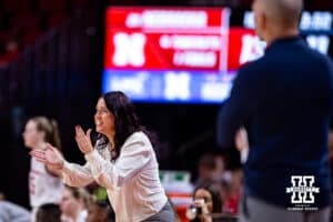 Nebraska Cornhusker head coach Amy Williams reacts to the action on the court against the California Baptist Lancers during a college basketball game on Sunday, Dec. 21, 2025, in Lincoln, Nebraska. Photo by John S. Peterson.