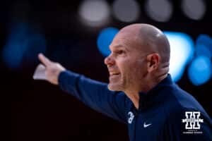 California Baptist Lancer head coach Jarrod Olsonr reacts to the aciton on the court against the Nebraska Cornhuskers during a college basketball game on Sunday, Dec. 21, 2025, in Lincoln, Nebraska. Photo by John S. Peterson.