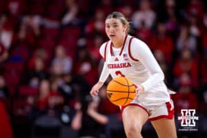 Nebraska Cornhusker guard Logan Nissley (2) dribbles the ball against the California Baptist Lancers in the first quarter during a college basketball game on Sunday, Dec. 21, 2025, in Lincoln, Nebraska. Photo by John S. Peterson.