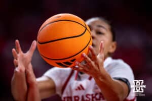Nebraska Cornhusker forward Amiah Hargrove (33) reaches for a rebound against the California Baptist Lancers in the first during a college basketball game on Sunday, Dec. 21, 2025, in Lincoln, Nebraska. Photo by John S. Peterson.