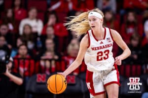 Nebraska Cornhusker guard Britt Prince (23) dribbles the ball down the court against California Baptist Lancers in the first quarter during a college basketball game on Sunday, Dec. 21, 2025, in Lincoln, Nebraska. Photo by John S. Peterson.