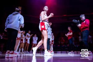 Nebraska Cornhusker forward Jessica Petrie (12) introduced to the fans against the California Baptist Lancers during a college basketball game on Sunday, Dec. 21, 2025, in Lincoln, Nebraska. Photo by John S. Peterson.