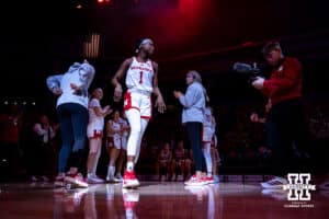 Nebraska Cornhusker guard Hailey Weaver (1) is introduced to the fans against the California Baptist Lancers during a college basketball game on Sunday, Dec. 21, 2025, in Lincoln, Nebraska. Photo by John S. Peterson.
