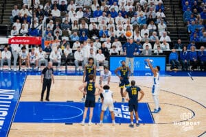 Creighton's Blake Harper attempts a free throw. Creighton men's basketball hosts Marquette at CHI Health Center on Saturday, Dec 20, 2025, in Omaha, Nebraska. Photo by Kyle Byers.