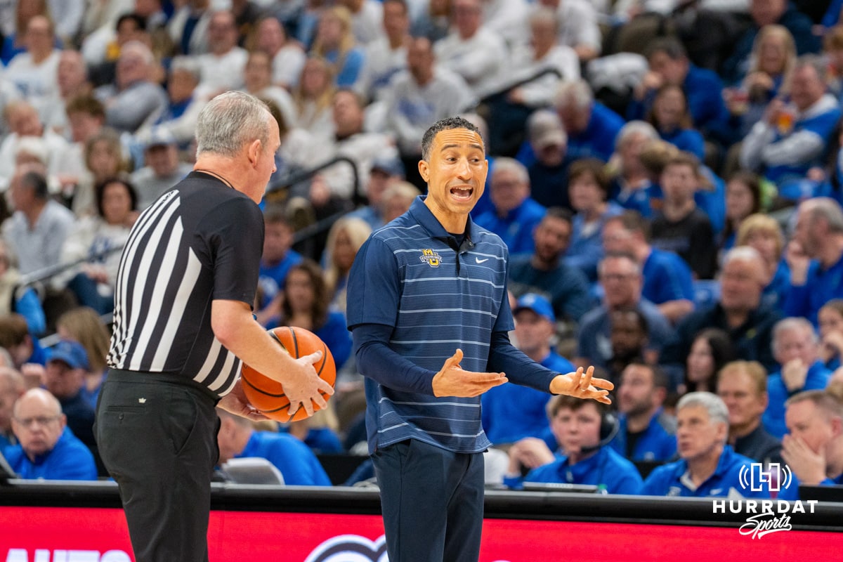 Marquette head coach Shaka Smart debates a call by the officials. Creighton men's basketball hosts Marquette at CHI Health Center on Saturday, Dec 20, 2025, in Omaha, Nebraska. Photo by Kyle Byers.