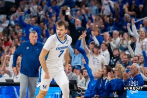 Creighton's Fedor Zugic runs back down the court. Creighton men's basketball hosts Marquette at CHI Health Center on Saturday, Dec 20, 2025, in Omaha, Nebraska. Photo by Kyle Byers.