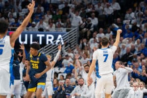 Creighton's Fedor Zugic poses after making a three-point shot. Creighton men's basketball hosts Marquette at CHI Health Center on Saturday, Dec 20, 2025, in Omaha, Nebraska. Photo by Kyle Byers.