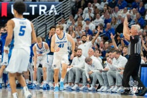 Creighton's Isaac Traudt makes a three-point shot. Creighton men's basketball hosts Marquette at CHI Health Center on Saturday, Dec 20, 2025, in Omaha, Nebraska. Photo by Kyle Byers.