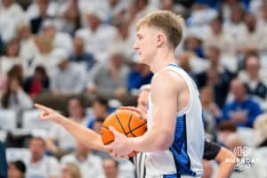 Creighton's Josh Dix prepares to inbound the basketball. Creighton men's basketball hosts Marquette at CHI Health Center on Saturday, Dec 20, 2025, in Omaha, Nebraska. Photo by Kyle Byers.