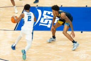 Creighton's Blake Harper drives to the hoop. Creighton men's basketball hosts Marquette at CHI Health Center on Saturday, Dec 20, 2025, in Omaha, Nebraska. Photo by Kyle Byers.