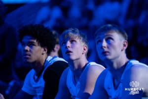 Ty Davis watches pregame lineup video. Creighton men's basketball hosts Marquette at CHI Health Center on Saturday, Dec 20, 2025, in Omaha, Nebraska. Photo by Kyle Byers.