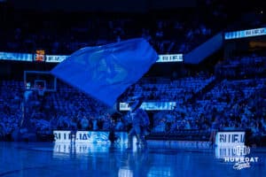 Mascot Billy waves the flag during pregame ceremonies. Creighton men's basketball hosts Marquette at CHI Health Center on Saturday, Dec 20, 2025, in Omaha, Nebraska. Photo by Kyle Byers.