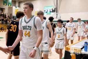 Lincoln Pius X defender Jacob Markowski (44) during a high school basketball game Thursday, December 11, 2025, in Lincoln, Nebraska. Photo by Braden Cochran.