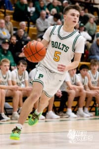 Pius X Thunderbolt Sawyer Sand (5) moves towards the basket during a high school basketball game Thursday, December 11, 2025, in Lincoln, Nebraska. Photo by Braden Cochran.