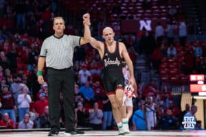 Nebraska CornhuskerBrock Hardy defeats North Carolina Tar Heel Luke Simcox during a college wrestling duel on Friday, Dec 19, 2025, in Lincoln, Nebraska.