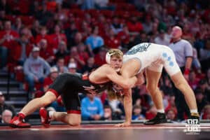 Nebraska Cornhusker Jacob Van Dee holds his ground against North Carolina Tar Heel Ethan Oakley during a college wrestling duel at 133 on Friday, Dec 19, 2025, in Lincoln, Nebraska.