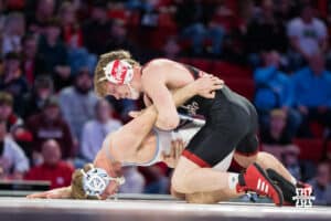 Nebraska Cornhusker Jacob Van Dee wrestles against North Carolina Tar Heel Ethan Oakley during a college wrestling duel at 133 on Friday, Dec 19, 2025, in Lincoln, Nebraska.