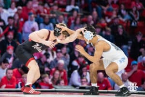 Nebraska Cornhusker Alan Koehler wrestles against North Carolina Tar Heel Kysen Terukina during a college wrestling duel at 125 on Friday, Dec 19, 2025, in Lincoln, Nebraska.