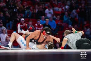 Nebraska Cornhusker AJ Ferrari pins North Carolina Tar Heel Mikey Calcagno during a college wrestling duel at 285 on Friday, Dec 19, 2025, in Lincoln, Nebraska.