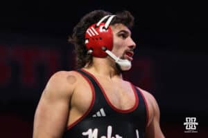 Nebraska Cornhusker AJ Ferrari waits to wrestles against North Carolina Tar Heel Mikey Calcagno during a college wrestling duel at 285 on Friday, Dec 19, 2025, in Lincoln, Nebraska.