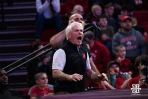 Nebraska Cornhusker head coach Mark Manning coaches against North Carolina Tar Heel during a college wrestling duel on Friday, Dec 19, 2025, in Lincoln, Nebraska.