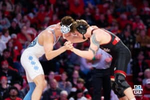 Nebraska Cornhusker Camden McDanel wrestles against North Carolina Tar Heel Robert Platt during a college wrestling duel on Friday, Dec 19, 2025, in Lincoln, Nebraska.