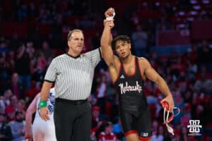 Nebraska Cornhusker Christopher Minto defeats North Carolina Tar Heel Collin Carrigan during a college wrestling duel at 174 on Friday, Dec 19, 2025, in Lincoln, Nebraska.