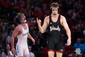 Nebraska Cornhusker LJ Araujo defeats North Carolina Tar Heel Bryce Hepner during a college wrestling duel on Friday, Dec 19, 2025, in Lincoln, Nebraska.