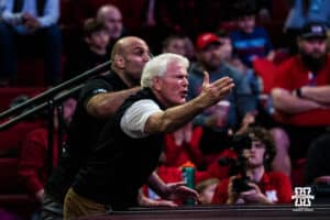 Nebraska Cornhusker head coach Mark Manning yells during a college wrestling duel against North Carolina on Friday, Dec 19, 2025, in Lincoln, Nebraska.
