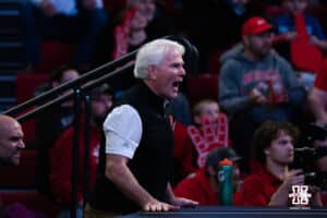 Nebraska Cornhusker head coach Mark Manning yells during a college wrestling duel on Friday, Dec 19, 2025, in Lincoln, Nebraska.