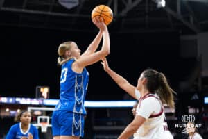 Creighton Bluejay Neleigh Gessert (23) shoots over Elsa Vedral (12) during a basketball game Omaha on Wednesday, Dec 17, 2025, in Omaha, Nebraska. Photo by Brandon Tiedemann.