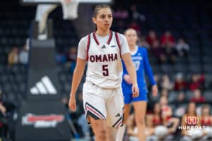 Omaha Maverick Sarai Estupiñan (5) walks down the court during a basketball game against Creighton on Wednesday, Dec 17, 2025, in Omaha, Nebraska. Photo by Brandon Tiedemann.