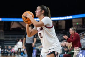 Omaha Maverick Elsa Vedral (12) shoots a three pointer during a basketball game against Creighton on Wednesday, Dec 17, 2025, in Omaha, Nebraska. Photo by Brandon Tiedemann.