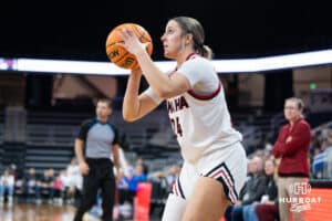 Omaha Maverick Regan Juenemann (24) shoots a three pointer during a basketball game against Creighton on Wednesday, Dec 17, 2025, in Omaha, Nebraska. Photo by Brandon Tiedemann.