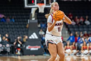 Omaha Maverick Ali Stephens (11) shoots a three pointer during a basketball game against Creighton on Wednesday, Dec 17, 2025, in Omaha, Nebraska. Photo by Brandon Tiedemann.