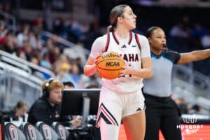 Omaha Maverick Regan Juenemann (24) looks to pass during a basketball game against Creighton on Wednesday, Dec 17, 2025, in Omaha, Nebraska. Photo by Brandon Tiedemann.