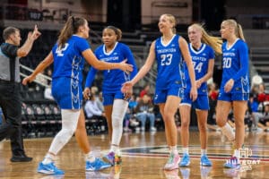 Creighton Bluejays cheer during a basketball game against Omaha on Wednesday, Dec 17, 2025, in Omaha, Nebraska. Photo by Brandon Tiedemann.
