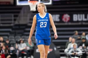Creighton Bluejay Neleigh Gessert (23) checks into the game during a basketball game against Omaha on Wednesday, Dec 17, 2025, in Omaha, Nebraska. Photo by Brandon Tiedemann.