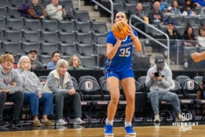 Creighton Bluejay Elizabeth Gentry (35) shoots a three pointer during a basketball game against Omaha on Wednesday, Dec 17, 2025, in Omaha, Nebraska. Photo by Brandon Tiedemann.