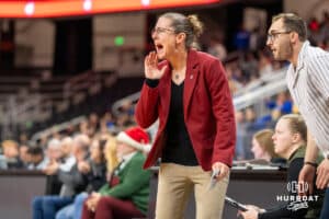 Omaha Maverick head coach Jamie Carey yells out a play during a basketball game against Creighton on Wednesday, Dec 17, 2025, in Omaha, Nebraska. Photo by Brandon Tiedemann.