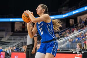 Creighton Bluejay Allison Heathcock (13) shoots a three pointer during a basketball game against Omaha on Wednesday, Dec 17, 2025, in Omaha, Nebraska. Photo by Brandon Tiedemann.