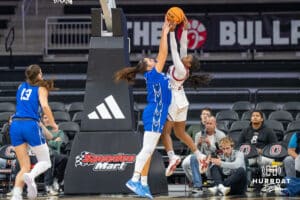 Creighton Bluejay Grace Boffeli (42) blocks a shot from Daria Shelby (4) during a basketball game against Creighton on Wednesday, Dec 17, 2025, in Omaha, Nebraska. Photo by Brandon Tiedemann.