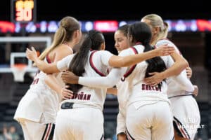 Omaha Mavericks huddle during a basketball game against Creighton on Wednesday, Dec 17, 2025, in Omaha, Nebraska. Photo by Brandon Tiedemann.