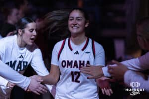 Omaha Maverick Elsa Vedral (12) gets introduced during a basketball game against Creighton on Wednesday, Dec 17, 2025, in Omaha, Nebraska. Photo by Brandon Tiedemann.