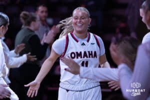 Omaha Maverick Ali Stephens (11) gets introduced during a basketball game against Creighton on Wednesday, Dec 17, 2025, in Omaha, Nebraska. Photo by Brandon Tiedemann.